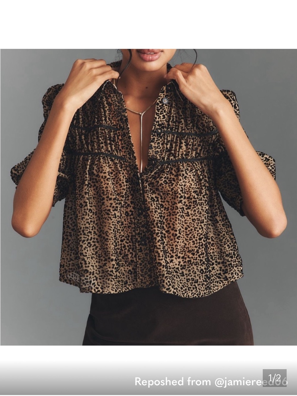 Maeve Leopard Print Short Peasant Blouse - Brown, Black